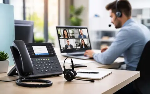 Un homme en casque participe à une visioconférence. Un téléphone IP et un ordinateur portable sont sur le bureau, illustrant la **PABX définition** pour la communication d'entreprise.