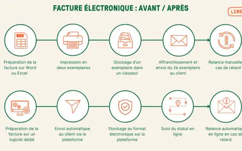 Comparaison des processus de facturation : avant (manuels, ged factures) et après (automatisés, numériques).