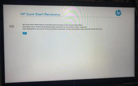 Écran de récupération HP Sure Start affichant un message de sécurité et le logo HP.