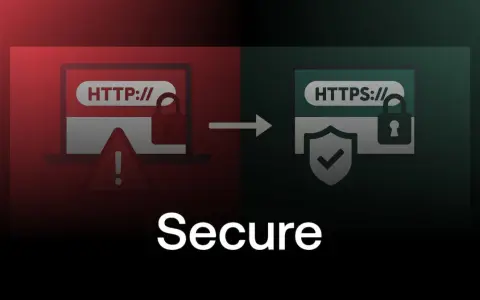 Transition d'un site HTTP non sécurisé vers HTTPS, symbolisant un audit sécurité web réussi. Icônes de cadenas, bouclier et alerte.