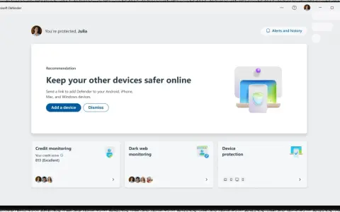 Interface de Microsoft Defender pour edr windows, avec une recommandation pour sécuriser d'autres appareils et des options de surveillance.