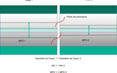 Comparaison de deux fibres optiques. Le diamètre de cœur est identique, mais la Fibre 2 subit une perte de puissance due à un MFD plus grand.
