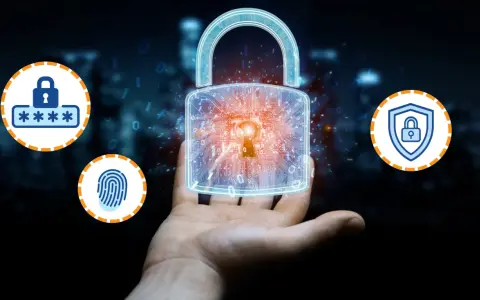 Main : Une main tient un cadenas numérique symbolisant la sécurité. Des icônes de mot de passe, d'empreinte digitale et de bouclier illustrent l'authentification MFA.
