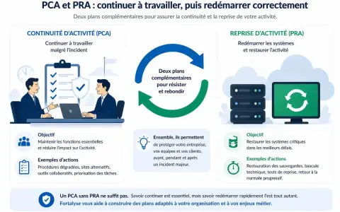 Illustration expliquant la résilience en cybersécurité avec les plans PCA et PRA pour assurer la continuité et la reprise d'activité.
