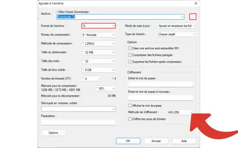 Fenêtre d'ajout d'archive 7z, montrant les options de compression et de chiffrement. L'avantage format archive 7z est sa flexibilité.