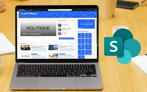 Un ordinateur portable affiche un intranet SharePoint, "Le petit Nexus", avec des articles sur la politique et des événements. Le logo de SharePoint est à côté.