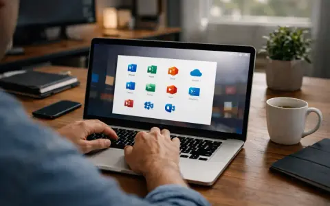 Un homme utilise un ordinateur portable affichant la grille d'applications Office 365, incluant Word, Excel et OneDrive.