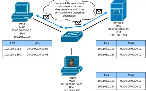 Schéma réseau : PC A, Serveur B et Hacker communiquent via un commutateur. Le trafic est transféré directement. Appel SIP ?