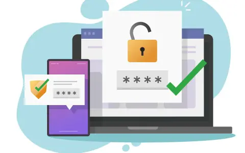 Sécurité renforcée : un cadenas ouvert et des étoiles pour le mot de passe sur un écran d'ordinateur, avec un téléphone affichant un code et un bouclier. Fin des demandes de mot de passe intempestives Office 365.