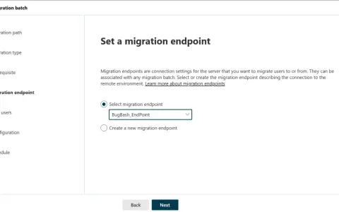 Configuration de l'endpoint pour la migration imap vers Office 365. Choix entre un endpoint existant ou la création d'un nouveau.