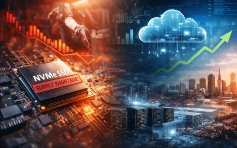 Un composant de stockage flash NVMe SSD avec "SUPPLY SHORTAGE" est superposé à une ville futuriste et un nuage symbolisant le cloud.