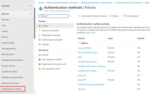 Interface Microsoft Entra ID pour configurer les méthodes d'authentification, y compris le MFA.