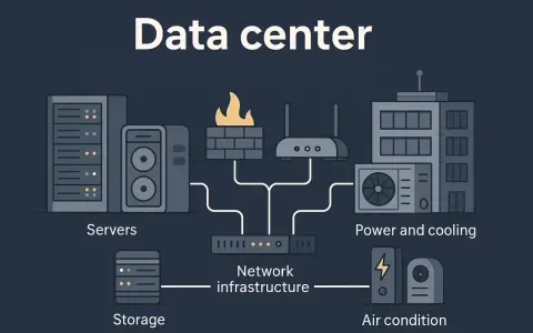 Schéma expliquant ce qu'est un data center : serveurs, stockage, infrastructure réseau, alimentation, refroidissement et climatisation.