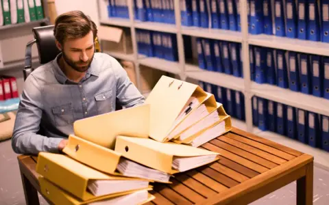 Un homme examine des dossiers dans un **archive papier**. Des étagères remplies de classeurs bleus et verts s'étendent à l'arrière-plan.