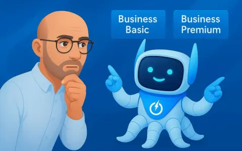 Un homme réfléchit, un robot amical pointe vers "Business Premium" et "Business Basic", suggérant des options pour Office 365.