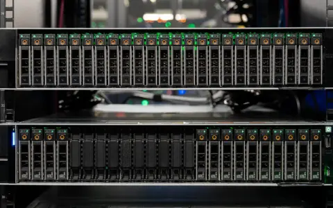 Serveur avec plusieurs baies de disques SSD, toutes allumées en **full flash**. Les indicateurs verts brillent intensément.