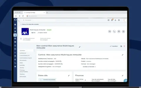 Interface d'une application de courtage en assurance, affichant les détails d'un contrat multirisques immeuble AXA. Gestion des sinistres et des finances pour une meilleure expérience ged assurance.
