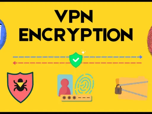 Illustration sur la sécurité en ligne : un homme et une femme sur leurs téléphones, symboles de protection, d'empreintes digitales et de dossiers verrouillés. Le **vpn chiffrement** assure la confidentialité.
