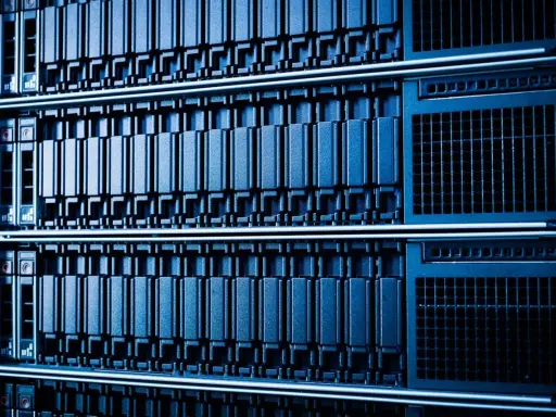 Rangées de serveurs informatiques bleus, une infrastructure de données impressionnante, prête pour le stockage et le traitement.