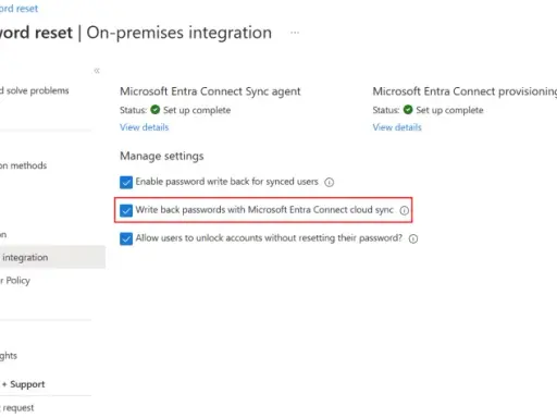 Paramètres de réinitialisation de mot de passe Azure AD : activation de la synchronisation des mots de passe avec Microsoft Entra Connect cloud sync.