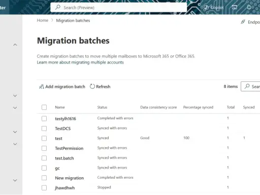 Tableau des lots de migration dans le centre d'administration Exchange, montrant l'état de l'exchange online.