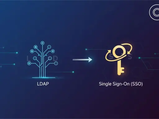Illustration comparant LDAP, un arbre de connexions, à un SSO, une clé dorée symbolisant l'accès unique.