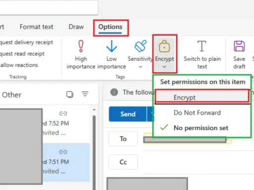 Menu Options d'Outlook, avec l'option "Encrypt" sélectionnée pour la protection des mails.