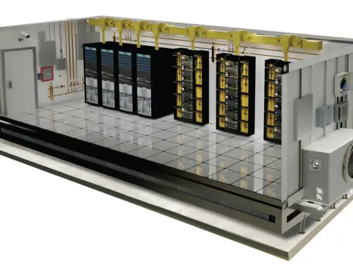 Vue en coupe d'un **data center extérieur** modulaire, avec des racks de serveurs, câblage jaune, système de climatisation et caméras de surveillance.