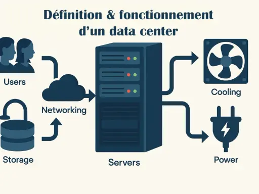 Schéma expliquant comment fonctionne un data center : les utilisateurs accèdent aux serveurs via le réseau, le stockage est sécurisé, le refroidissement maintient la température et l'alimentation électrique est essentielle.