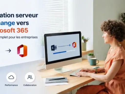 Une femme travaille sur un ordinateur affichant une migration de serveur Exchange vers Microsoft 365. Icônes de performance et collaboration.