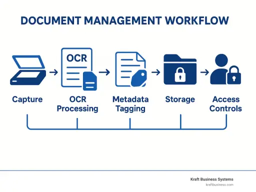 Flux de gestion documentaire : capture, traitement OCR, mise en place d'un index (métadonnées), stockage et contrôles d'accès.