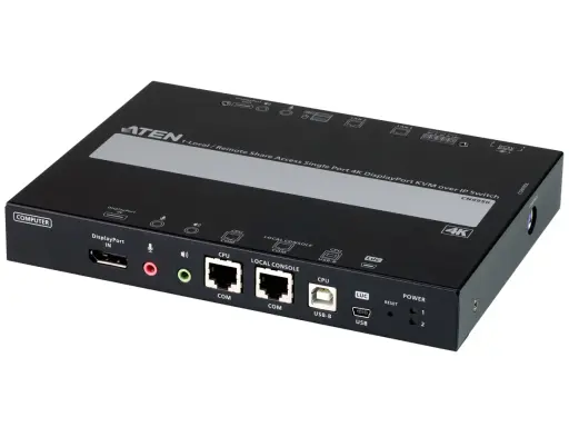 Appareil KVM réseau ATEN CN9950, un switch 4K DisplayPort pour accès local/distant. Il permet de gérer plusieurs ordinateurs via un seul poste.