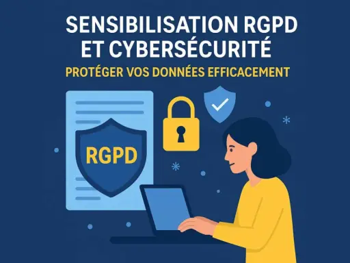 Sensibilisation RGPD et cybersécurité : une définition pour protéger vos données. Icônes de cadenas, bouclier et personne sur ordinateur.