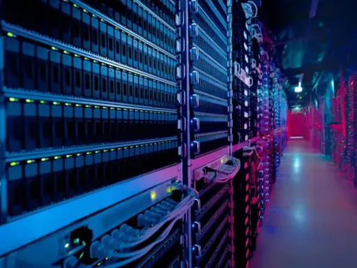 Allées d'un centre de données illuminées par des lumières bleues et rouges, montrant des rangées de 3 types de serveurs.