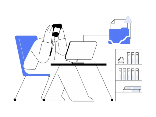 Un consultant GED stressé, mains sur la tête, face à un ordinateur. Un dossier bleu avec un point d'exclamation suggère un problème de gestion documentaire.