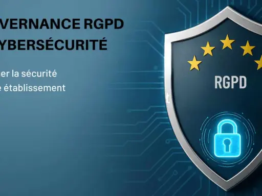 Gouvernance RGPD et cybersécurité : un bouclier symbolisant la protection des données en entreprise, avec un cadenas et les étoiles de l'UE.