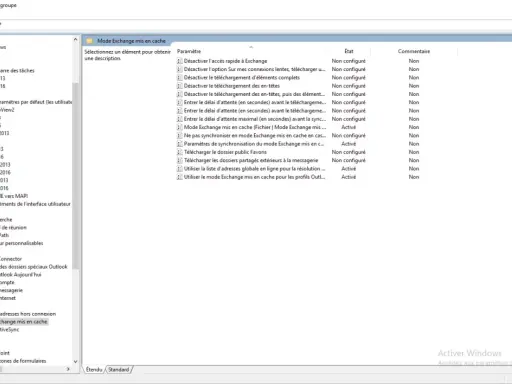 Éditeur de gestion des stratégies de groupe : Paramètres de compte > Exchange > Mode Exchange mis en cache. Les options de synchronisation sont actives ou non configurées.