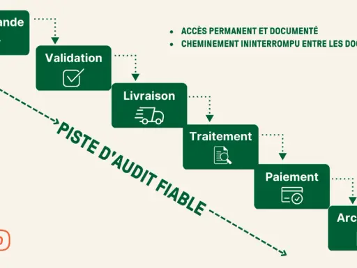 Schéma des processus comptables : Commande, Validation, Livraison, Traitement, Paiement, Archivage. Piste d'audit fiable.