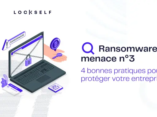 Un ordinateur portable cadenas, une clé et un symbole Bitcoin illustrent la menace du ransomware as a service. 4 bonnes pratiques pour protéger votre entreprise.