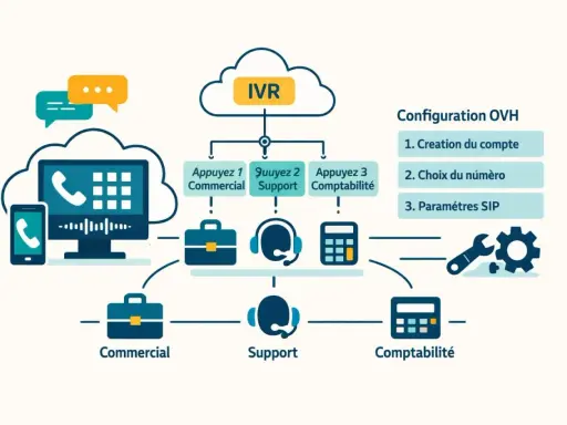 Schéma d'un système IVR OVH avec configuration SIP, gestion des appels commerciaux, support et comptabilité.