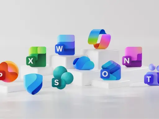 Icônes des applications Microsoft Office desktop : Word, Excel, PowerPoint, Outlook, Teams, OneDrive, SharePoint, OneNote.