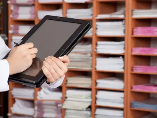 Une personne utilise une tablette pour gérer des documents, illustrant l'archivage électronique, une obligation légale. Les étagères remplies de dossiers rappellent l'importance de la numérisation.