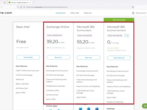Comparatif des offres email : Basic Mail gratuit, Exchange Online à 39,20 kr./mois, et Microsoft 365 à partir de 0 kr. le 1er mois.