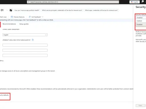 Paramètres de sécurité désactivés dans le centre d'administration Microsoft Entra. L'organisation n'est pas protégée par les paramètres de sécurité par défaut, qui incluent l'authentification multifacteur (MFA) pour Windows.