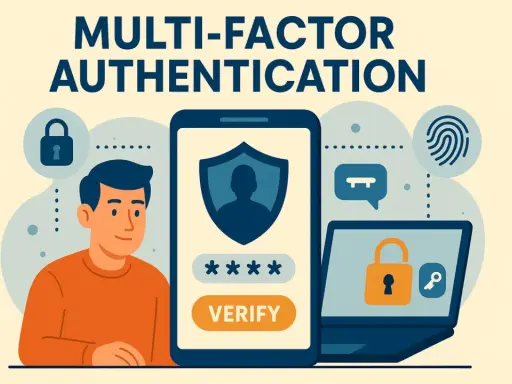 Illustration sur l'authentification multi-facteurs (MFA). Un homme, un smartphone affichant un code et un ordinateur portable avec un cadenas symbolisent la sécurité.
