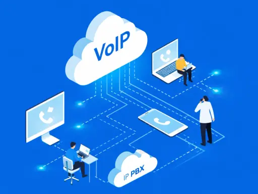 Illustration de la **voip définition** : des personnes communiquent via des appareils connectés au cloud, symbolisant la téléphonie sur IP.
