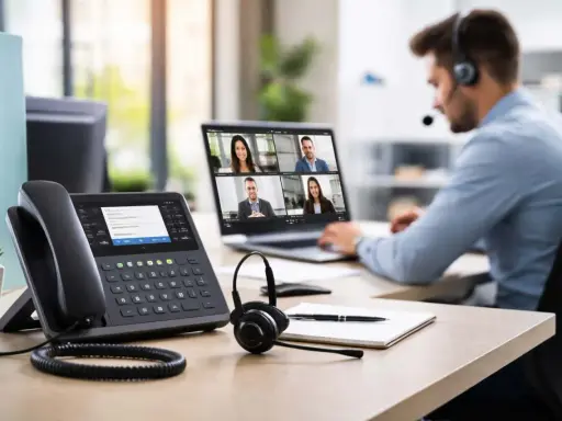 Un homme en casque participe à une visioconférence. Un téléphone IP et un ordinateur portable sont sur le bureau, illustrant la **PABX définition** pour la communication d'entreprise.