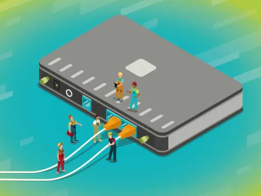 Des ouvriers connectent des câbles à un grand boîtier gris, illustrant a quoi sert un switch : relier plusieurs appareils pour un réseau.