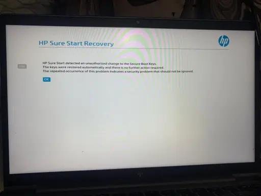 Écran de récupération HP Sure Start affichant un message de sécurité et le logo HP.