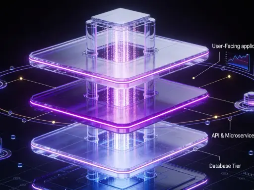 Architecture logicielle en couches, illustrant l'hébergement SaaS avec une application utilisateur, des microservices et une base de données.